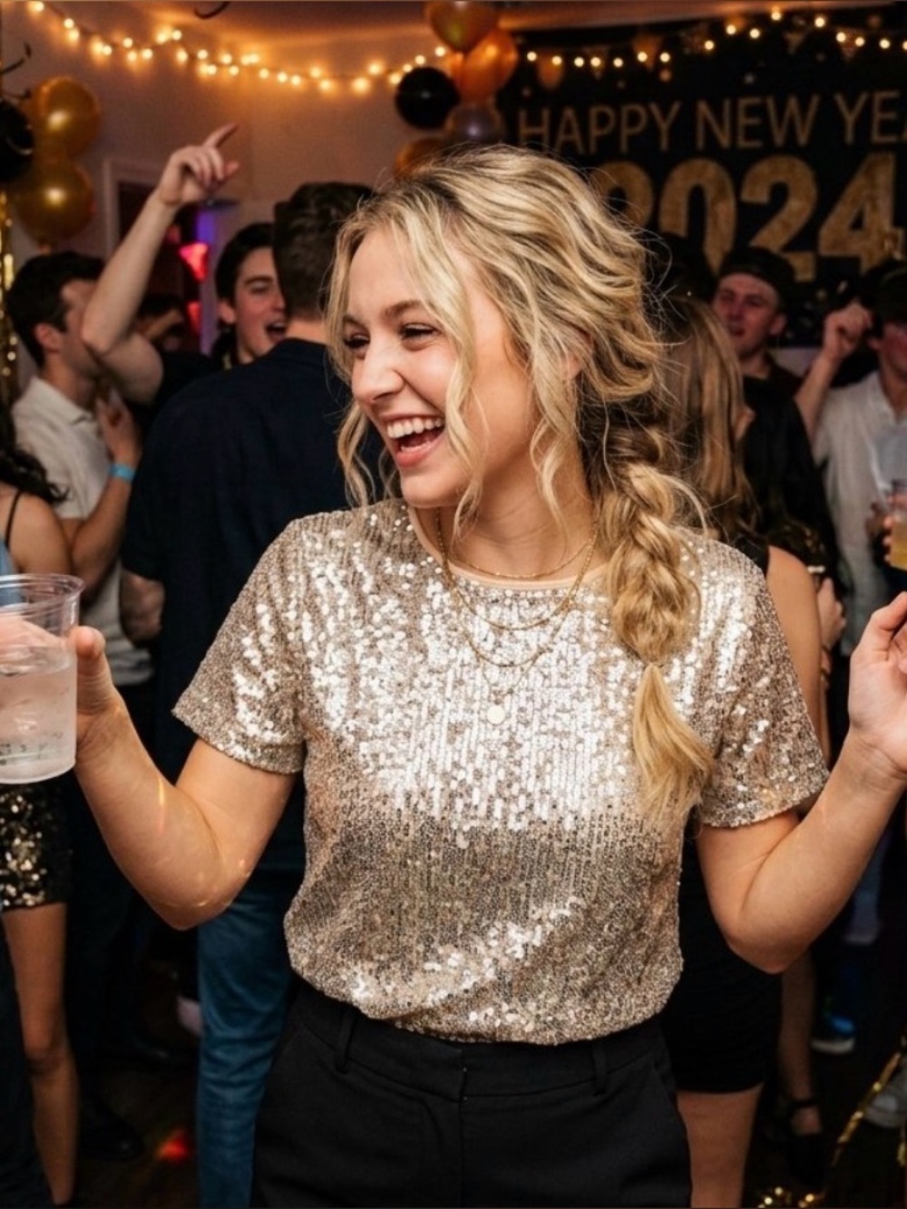 Sequin Short Sleeve Top — Silver taupe button back of neck